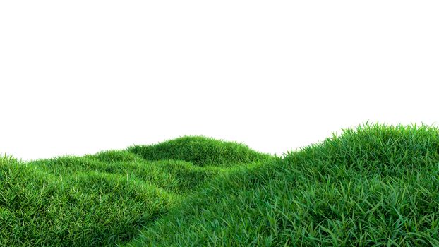 Green grass field on small hills, isolated on white background. 3d illustration