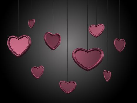 Beautiful heart background with glossy pink red hearts on a strings. Background with dark gradient. 3D rendering. Illustration for St Valentines day holiday.