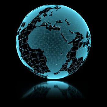 Blue shining transparent earth globe on black background. 3d illustration.