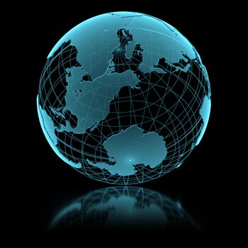 Blue shining transparent earth globe on black background. 3d illustration.