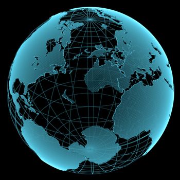 Blue shining transparent earth globe on black background. 3d illustration.