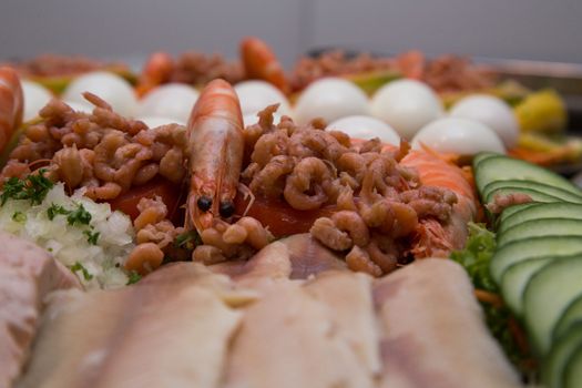 A cold fish buffet with shrimps