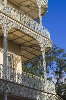 Corner balcony attached to a building in New Orleans