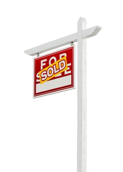 Left Facing Sold For Sale Real Estate Sign Isolated on a White Background.