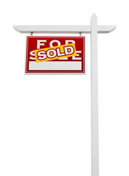 Left Facing Sold For Sale Real Estate Sign Isolated on a White Background.