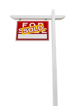 Left Facing Sold For Sale Real Estate Sign Isolated on a White Background.