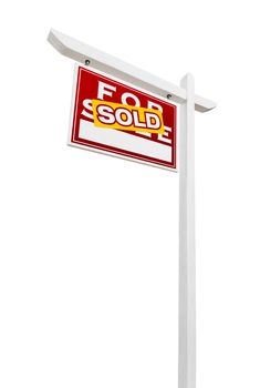 Left Facing Sold For Sale Real Estate Sign Isolated on a White Background.