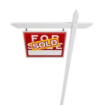 Left Facing Sold For Sale Real Estate Sign Isolated on a White Background.