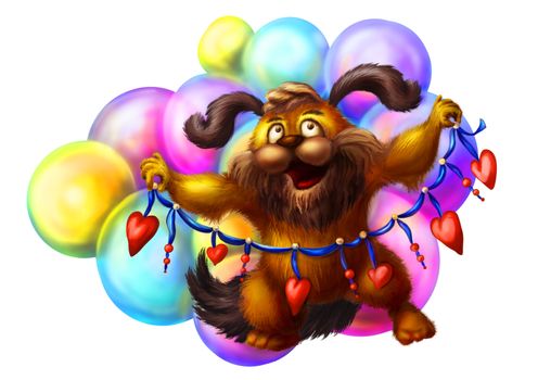 Illustration with funny dog and colored balloons. Dog holding the decorative ribbon with hearts. Happy Birthday or Valentine's Day greeting card.