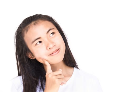 Asian young woman thinking and smile with happy face on background, Copy space for text advertising concept