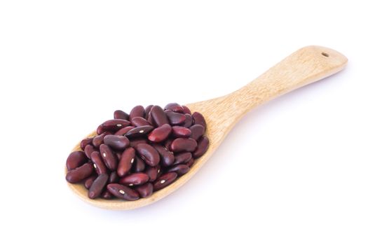 Closeup red beans in wood spoon on white background, healthy food concept