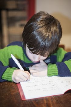 6 year old child performs homework on the kitchen wooden table