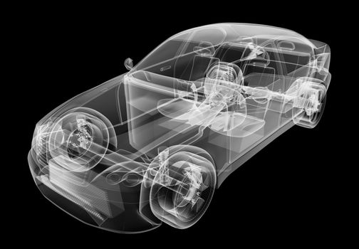 X-ray of car on isolated black background, 3d illustration