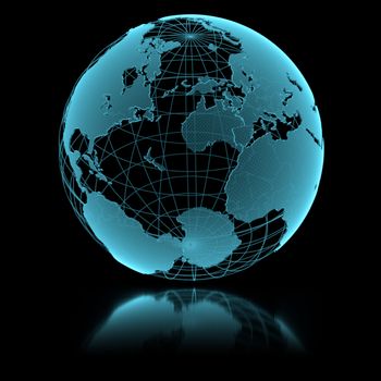 Blue shining transparent earth globe on black background. 3d illustration.