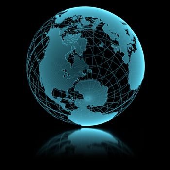 Blue shining transparent earth globe on black background. 3d illustration.
