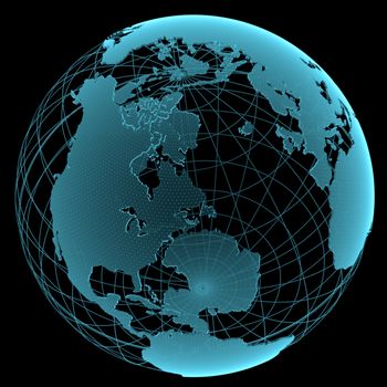 Blue shining transparent earth globe on black background. 3d illustration.