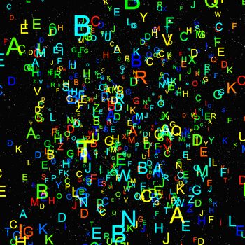 Abstract colorful alphabet fly on black background. Education concept