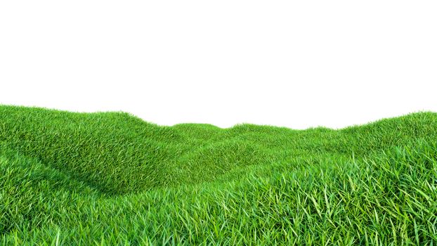 Green grass field on small hills, isolated on white background. 3d illustration