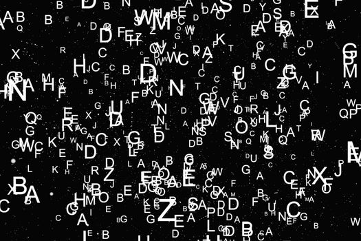 Abstract white alphabet fly on black background. Education concept