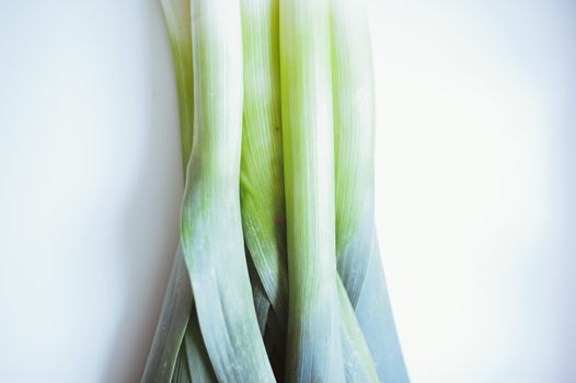 still life of vegetable leeks on white background