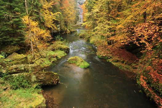 Autumn colored trees, leaves, rocks around the beautiful river