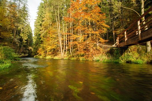 Autumn colored trees, leaves, rocks around the beautiful river