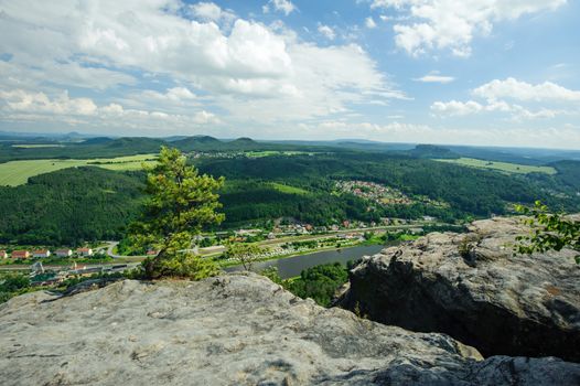 The view of the Elbe and the far-away landscape in Saxon Switzerland