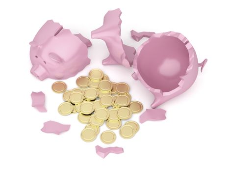 Broken piggy bank with many golden coins inside