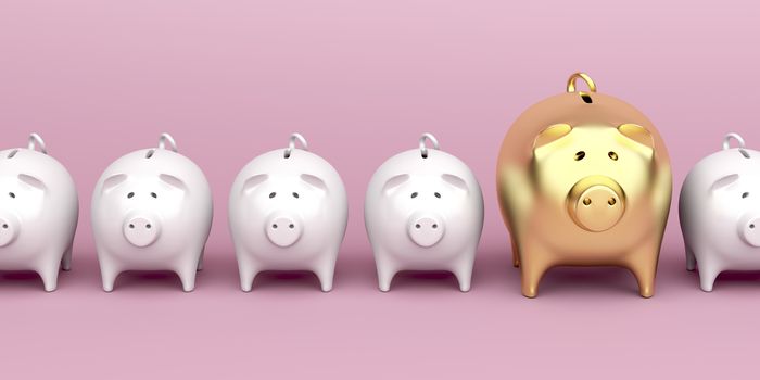 Row with piggy banks with one bigger and gold colored piggy bank, front view