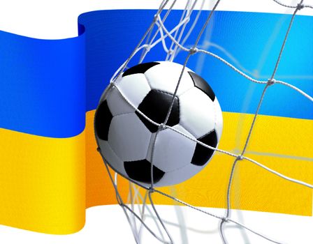 soccer ball in goal net on Ukrainian flag background