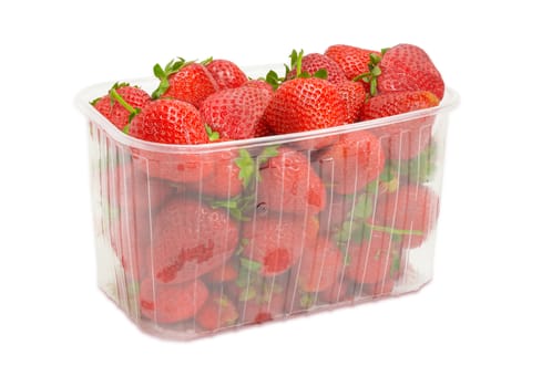 Ripe fresh strawberries in the transparent plastic container on a light background
