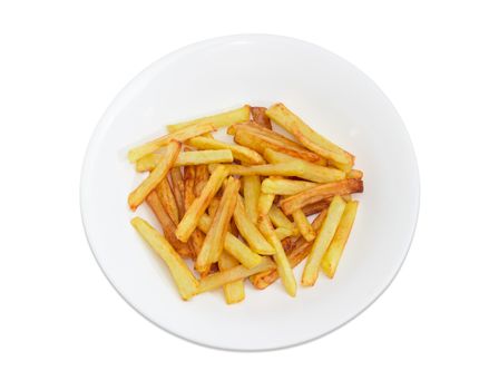 Top view of the serving of the French fries on the white dish on a light background
