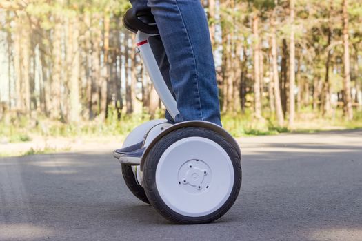 Legs of young man in blue jeans riding a segway on the asphalt walkway on a background of a forest
