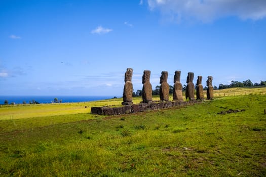 Moais statues, ahu Akivi, easter island, Chile