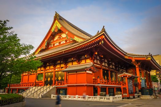 Senso-ji Kannon temple Hondo at sunset, Tokyo, Japan