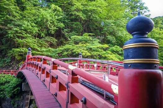 Futarasan jinja. Red wooden Shinkyo bridge, Nikko, Japan