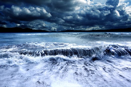 Stormy seascape .Ocean storm.Waves and dark cloudy sky