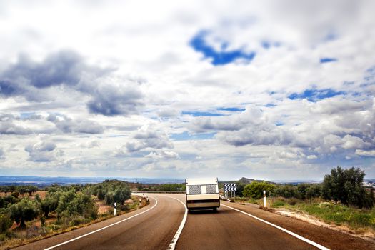 Landscape and caravan.Caravan travel road concept and lifestyle.