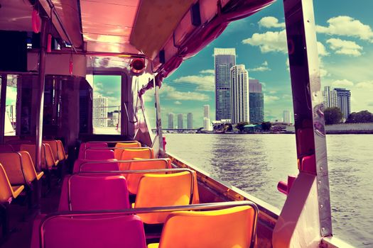 Bangkok city.Chao praya river and boat.Skyscraper