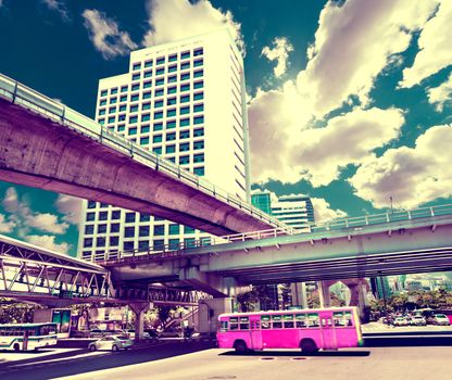 Bangkok city landmarks view.Cityscape.typical transport bus