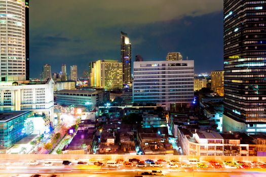 Bangkok city at night. Skyscraper and buildings