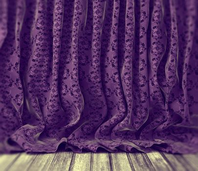 Retro purple floral curtains background anad wood floor background