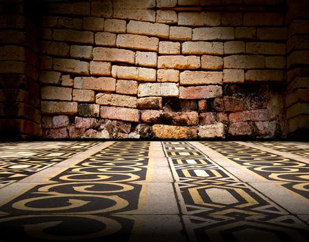 retro tile floor background and old brick wall