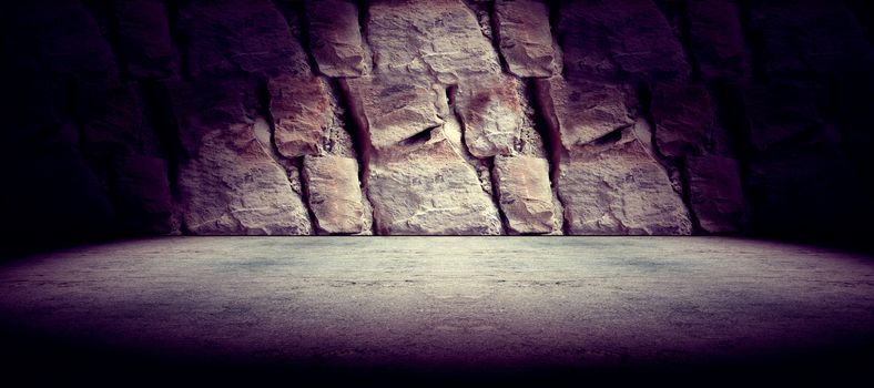 Cement floor and rock wall background and spotlight
