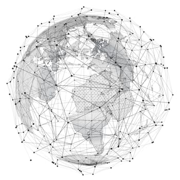 Close up of the Earth and a network lines on top of it. Concept of globalisation. A beautiful element for your design. 3d illustration. White background