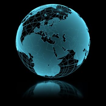 Blue shining transparent earth globe on black background. 3d illustration.