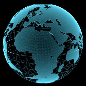 Blue shining transparent earth globe on black background. 3d illustration.