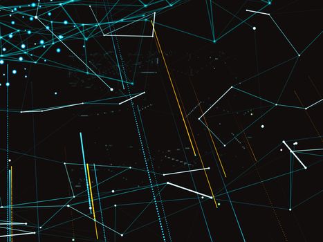 An array of points in the form of a world map are connected to the network. Social networks, payments, the Internet presented in an abstract digital form. 3d illustration