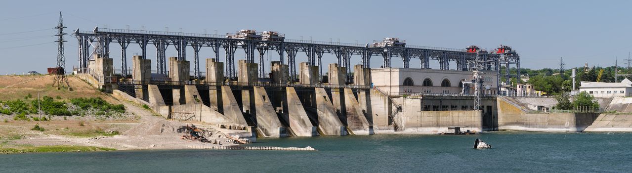 Hydroelectric power plant at Dniester river near Dubasari, Moldova. High resolution panorama