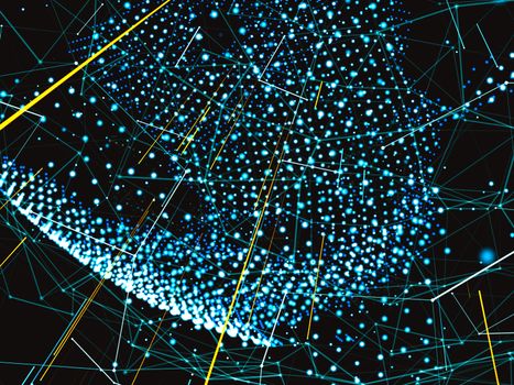 The concept of a modern digital world connected by Internet communications, payments, social networks. The world map and lines connect to the network. 3d illustration